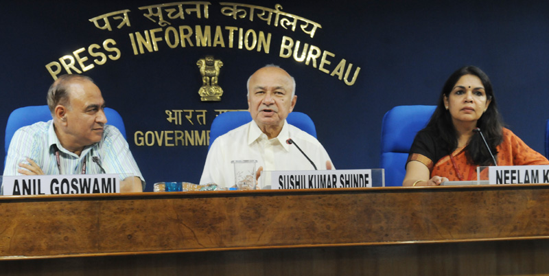 The Union Home Minister, Shri Sushilkumar Shinde holding a press conference to...