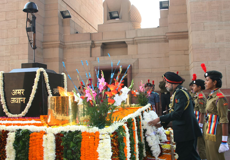 The DG, NCC, Lt Gen. P.S. Bhalla paying homage at Amar Jawan Jyoti, India Gate, on the...
