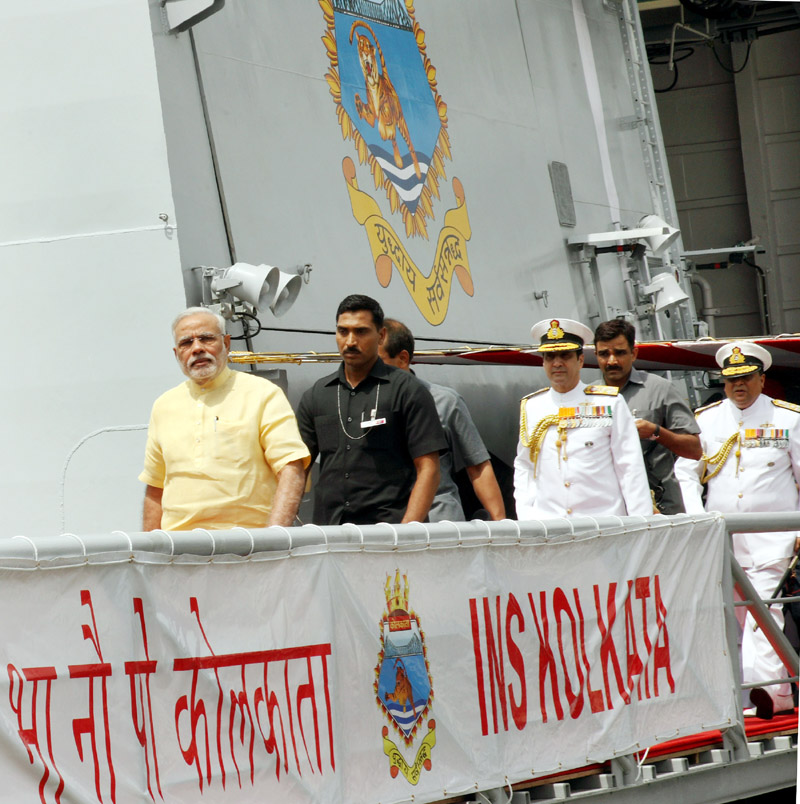 The Prime Minister, Shri Narendra Modi on board INS Kolkata, at the Naval Dockyard, in Mumbai