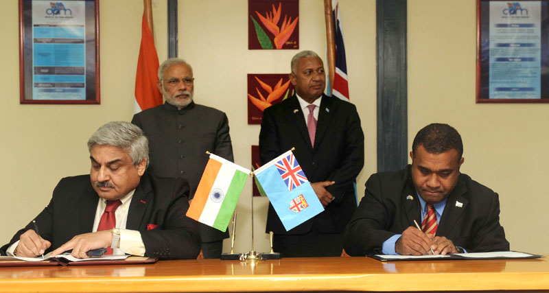 The Prime Minister, Shri Narendra Modi and the Prime Minister of Fiji, Mr. Frank Bainimarama...