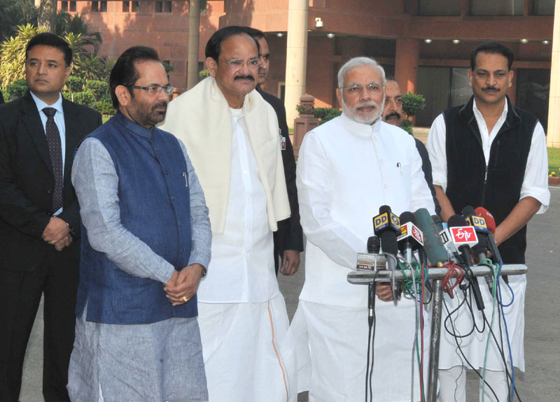 The Prime Minister, Shri Narendra Modi interacting with the media on his arrival at...