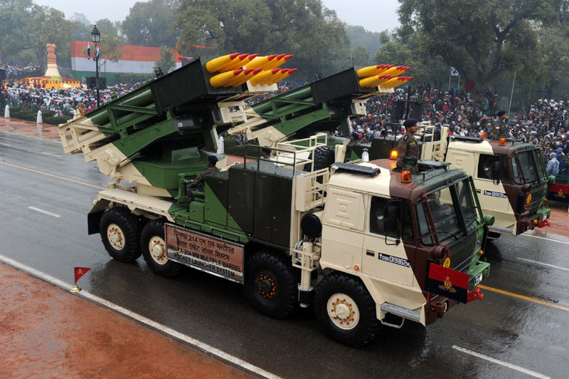 Pinaka 214 MM Multiple Barrel Rocket Launcher System passes through the Rajpath during the ..