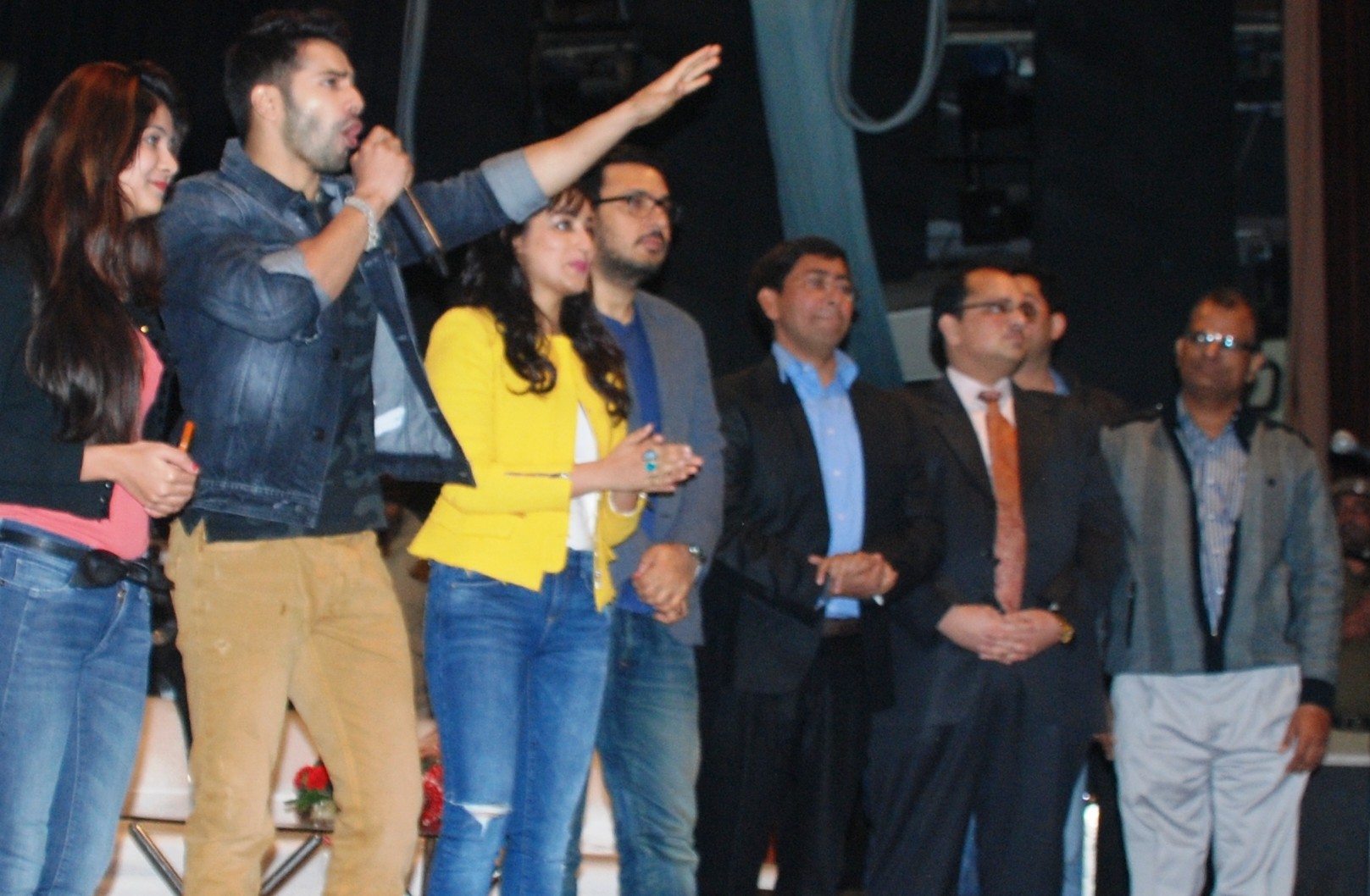 Bollywood stars Varun Dhawan, Yami Gautam and producer Dinesh Vijan administers the..
