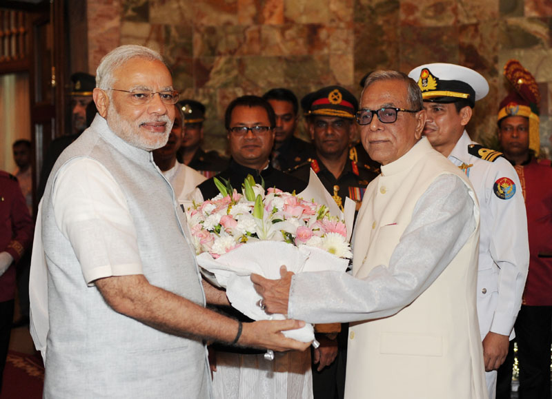 The Prime Minister, Shri Narendra Modi being received by the President of Bangladesh,..