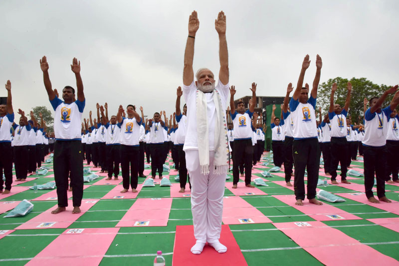 The Prime Minister, Shri Narendra Modi participating in the mass yoga demonstration..